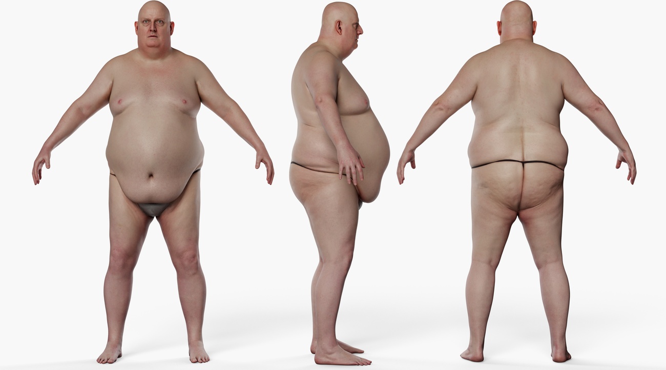 Full body 3D scan of a heavy-set middle-aged male with large soft midsection and rounded build, retopologised quad mesh